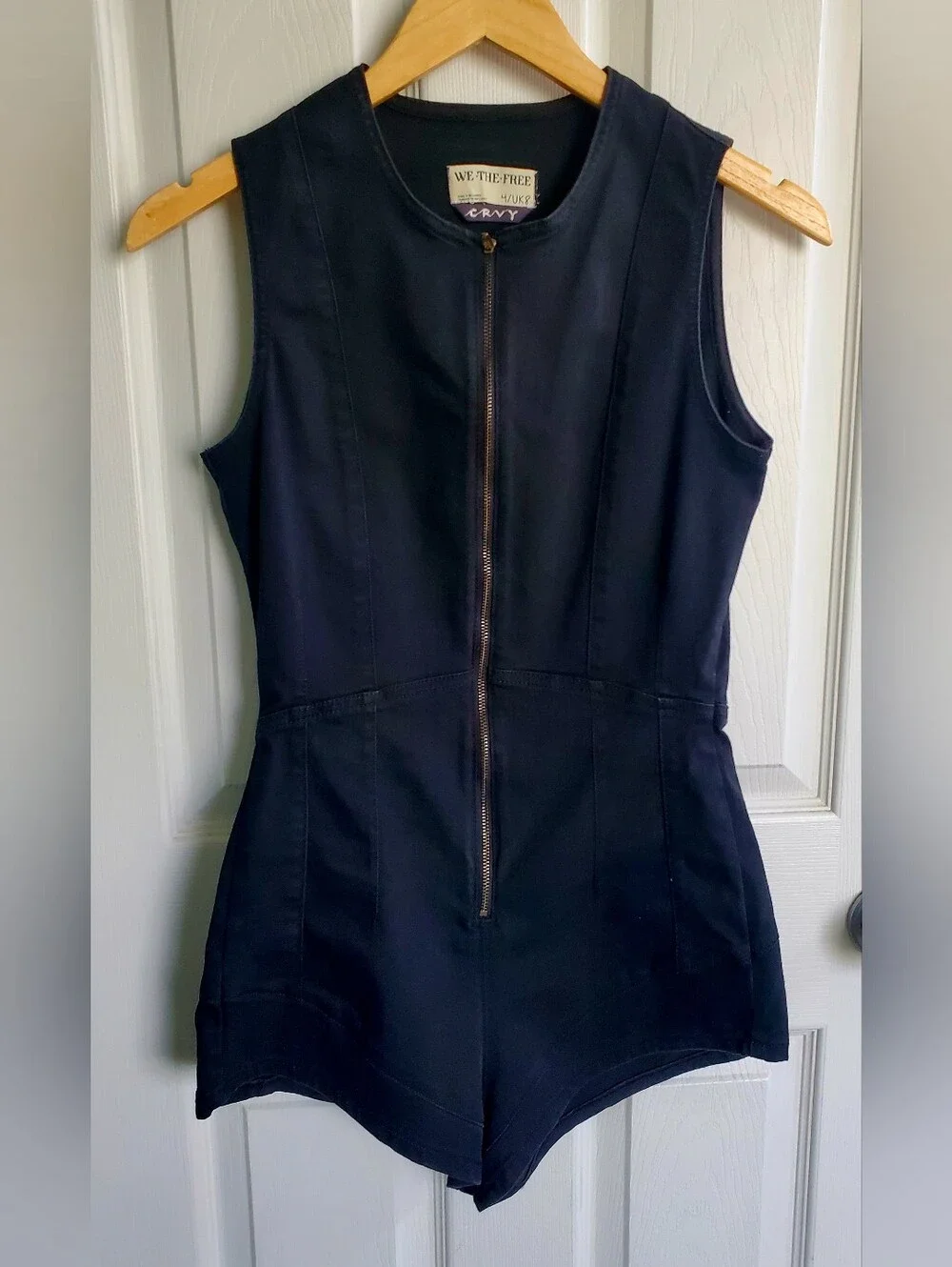 Free People Crvy Washed Black Zip Up Sleeveless Denim Romper Micro Short Size 4